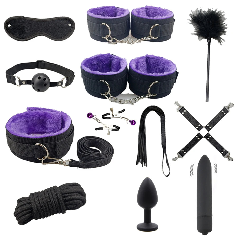 Set de bondage, juguetes sexuales, esposas, vibrador, tapón anal, látigo, juguetes eróticos, juegos para adultos, tienda sexual, arnés, juguetes sexys para parejas.