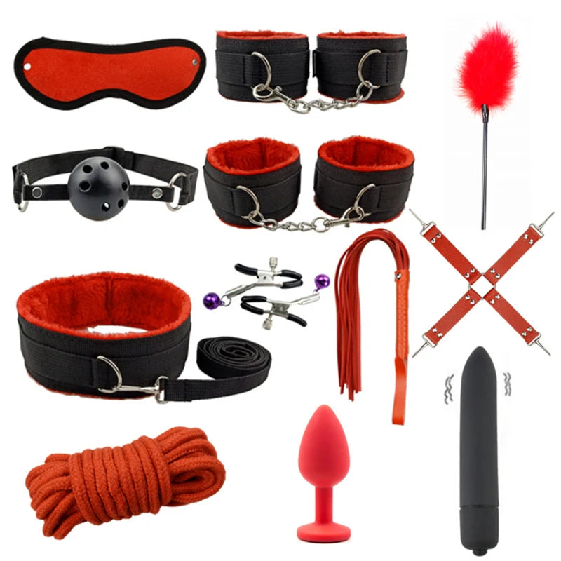 Set de bondage, juguetes sexuales, esposas, vibrador, tapón anal, látigo, juguetes eróticos, juegos para adultos, tienda sexual, arnés, juguetes sexys para parejas.