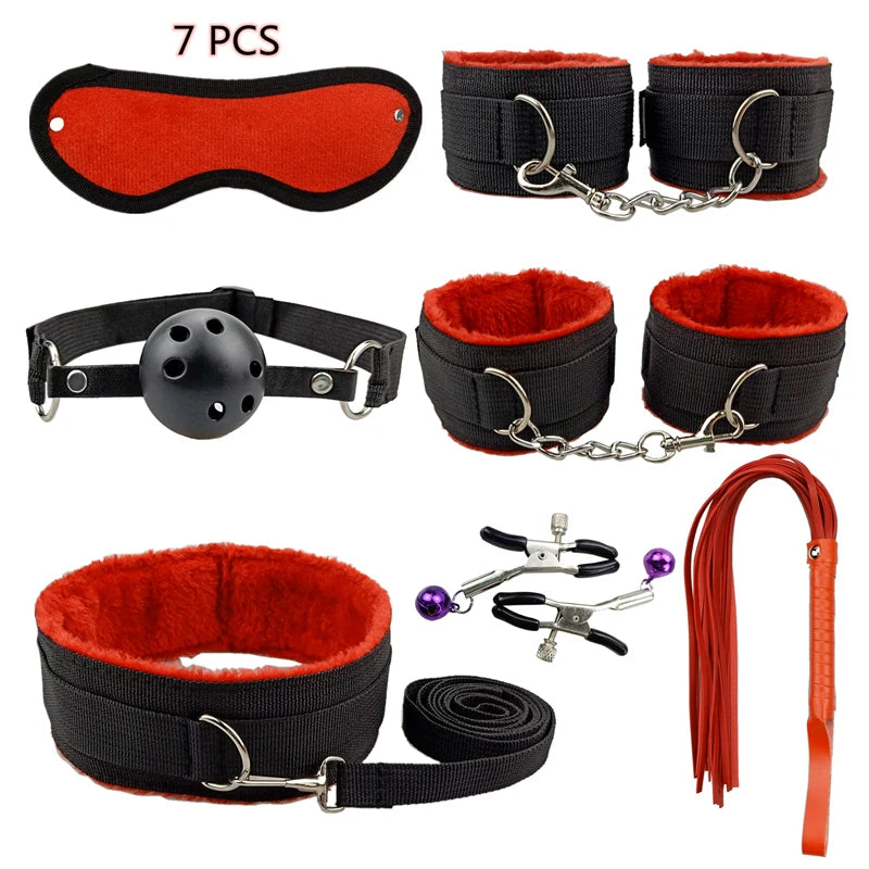 Set de bondage, juguetes sexuales, esposas, vibrador, tapón anal, látigo, juguetes eróticos, juegos para adultos, tienda sexual, arnés, juguetes sexys para parejas.