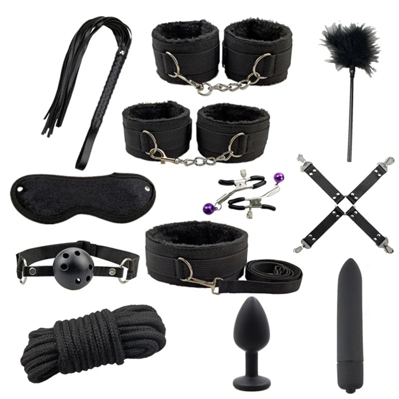 Set de bondage, juguetes sexuales, esposas, vibrador, tapón anal, látigo, juguetes eróticos, juegos para adultos, tienda sexual, arnés, juguetes sexys para parejas.