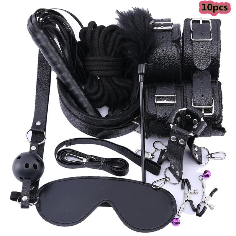 Set de bondage, juguetes sexuales, esposas, vibrador, tapón anal, látigo, juguetes eróticos, juegos para adultos, tienda sexual, arnés, juguetes sexys para parejas.