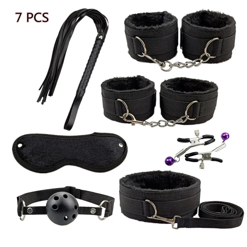 Set de bondage, juguetes sexuales, esposas, vibrador, tapón anal, látigo, juguetes eróticos, juegos para adultos, tienda sexual, arnés, juguetes sexys para parejas.