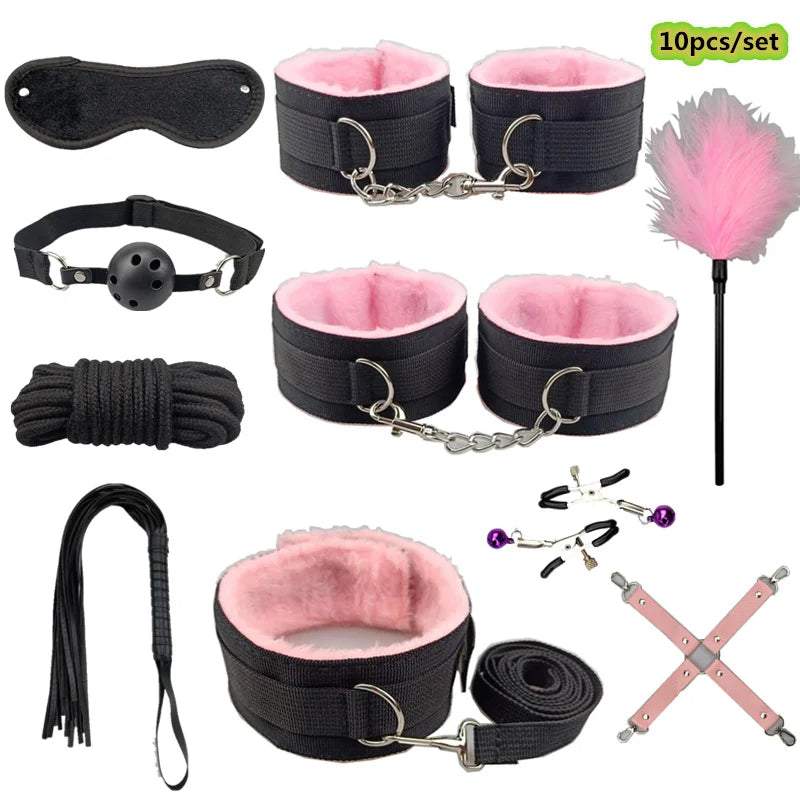 Set de bondage, juguetes sexuales, esposas, vibrador, tapón anal, látigo, juguetes eróticos, juegos para adultos, tienda sexual, arnés, juguetes sexys para parejas.