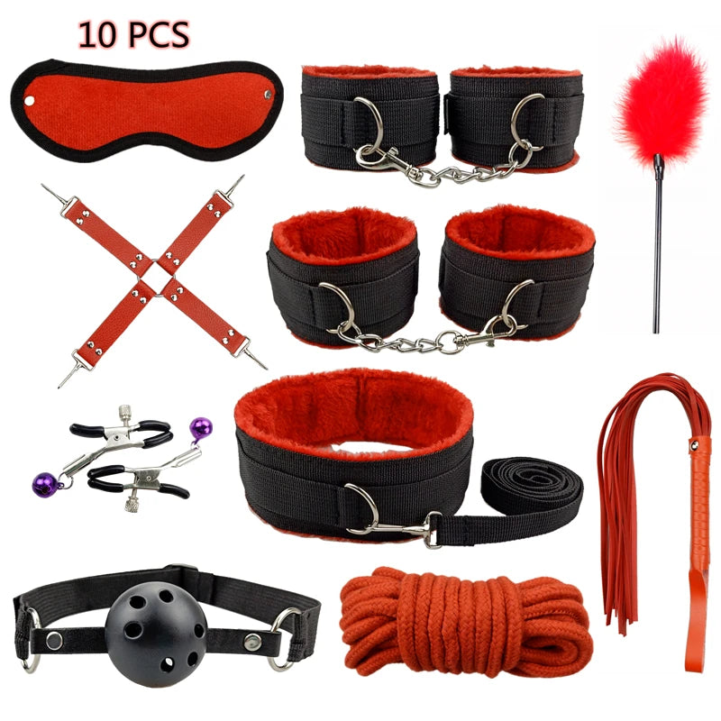 Set de bondage, juguetes sexuales, esposas, vibrador, tapón anal, látigo, juguetes eróticos, juegos para adultos, tienda sexual, arnés, juguetes sexys para parejas.