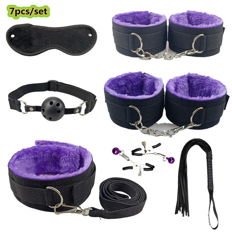 Set de bondage, juguetes sexuales, esposas, vibrador, tapón anal, látigo, juguetes eróticos, juegos para adultos, tienda sexual, arnés, juguetes sexys para parejas.