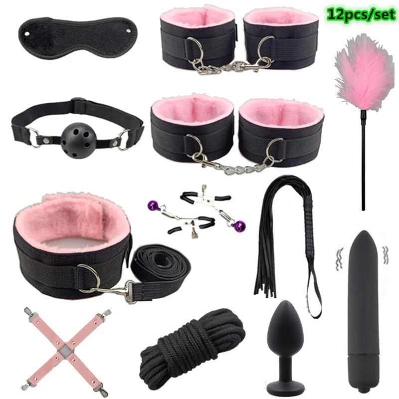 Set de bondage, juguetes sexuales, esposas, vibrador, tapón anal, látigo, juguetes eróticos, juegos para adultos, tienda sexual, arnés, juguetes sexys para parejas.
