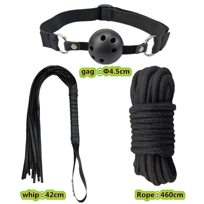 Set de bondage, juguetes sexuales, esposas, vibrador, tapón anal, látigo, juguetes eróticos, juegos para adultos, tienda sexual, arnés, juguetes sexys para parejas.