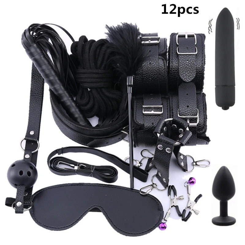 Set de bondage, juguetes sexuales, esposas, vibrador, tapón anal, látigo, juguetes eróticos, juegos para adultos, tienda sexual, arnés, juguetes sexys para parejas.