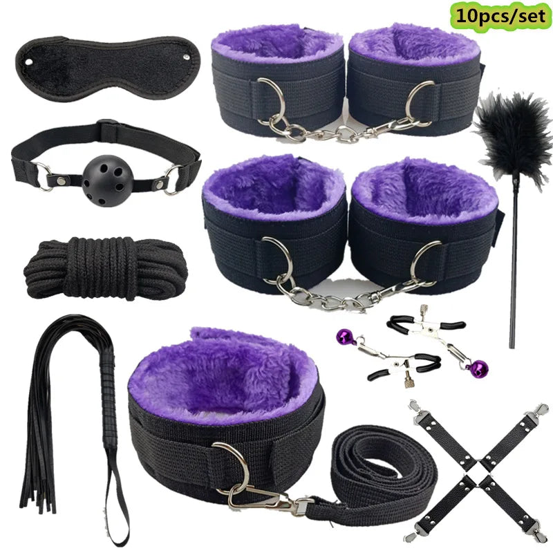 Set de bondage, juguetes sexuales, esposas, vibrador, tapón anal, látigo, juguetes eróticos, juegos para adultos, tienda sexual, arnés, juguetes sexys para parejas.