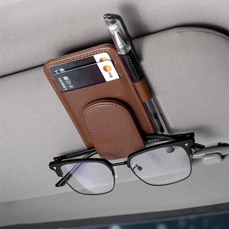 LuxClip™ – Multifunctional Leather Sun Visor Glasses & Ticket Holder