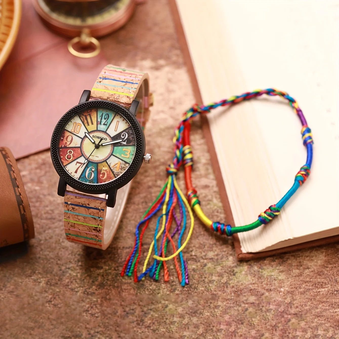 Vintage Leather Watch & Rope Bracelet Set