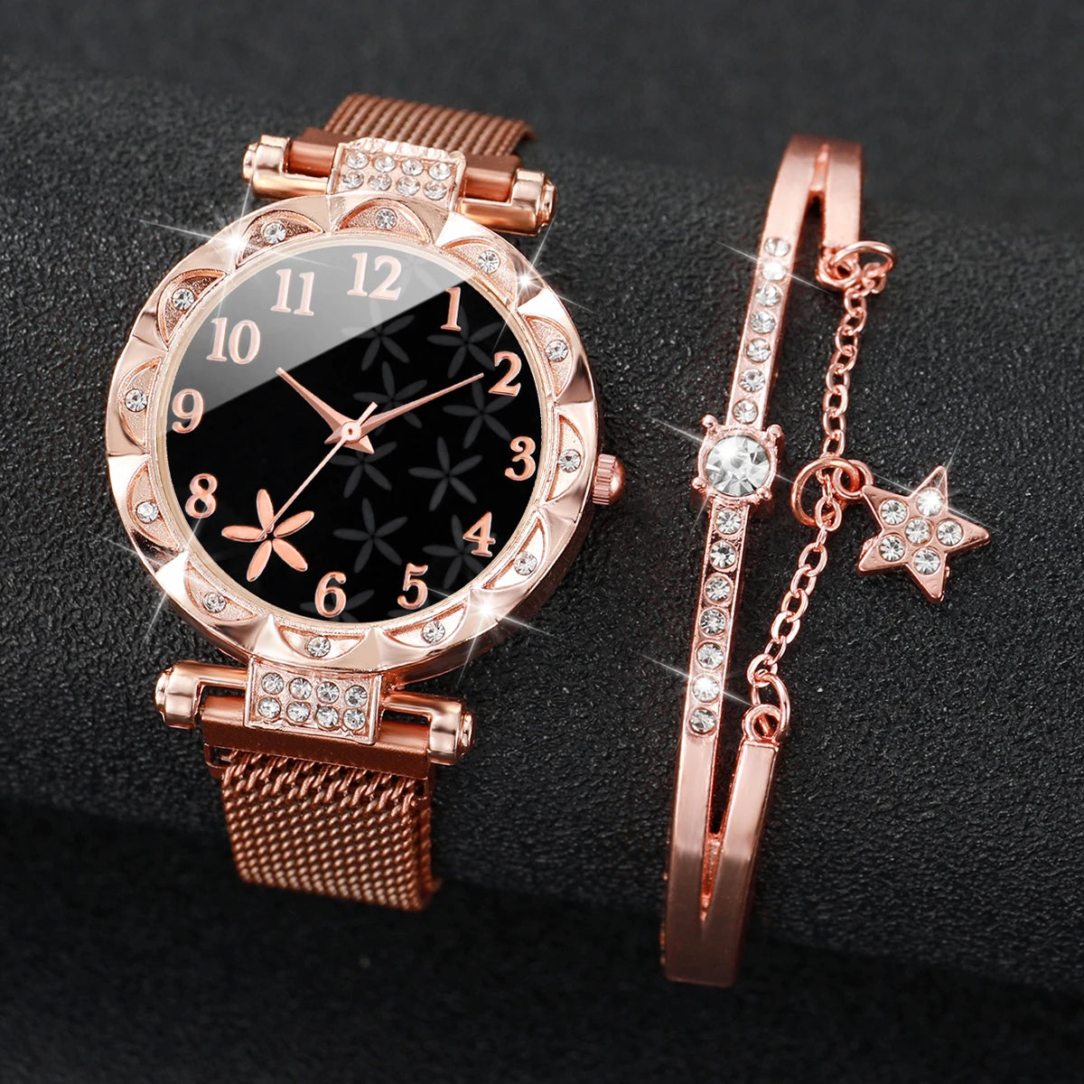 Conjunto de 2 piezas de reloj con esfera de flores y pulsera de estrellas: brillo atemporal, encanto cotidiano.