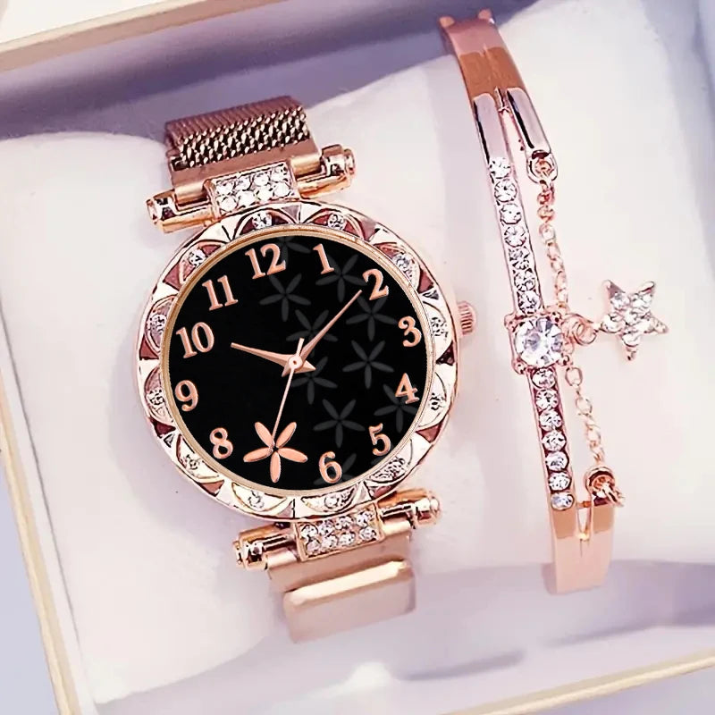 Conjunto de 2 piezas de reloj con esfera de flores y pulsera de estrellas: brillo atemporal, encanto cotidiano.