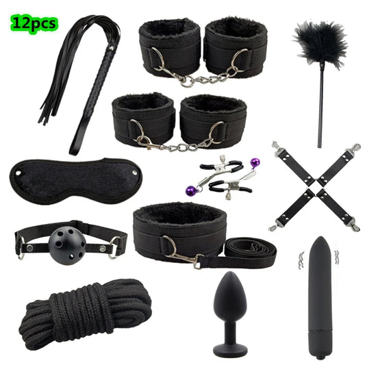 Set de bondage, juguetes sexuales, esposas, vibrador, tapón anal, látigo, juguetes eróticos, juegos para adultos, tienda sexual, arnés, juguetes sexys para parejas.