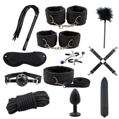 Set de bondage, juguetes sexuales, esposas, vibrador, tapón anal, látigo, juguetes eróticos, juegos para adultos, tienda sexual, arnés, juguetes sexys para parejas.