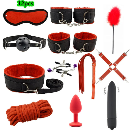 Set de bondage, juguetes sexuales, esposas, vibrador, tapón anal, látigo, juguetes eróticos, juegos para adultos, tienda sexual, arnés, juguetes sexys para parejas.