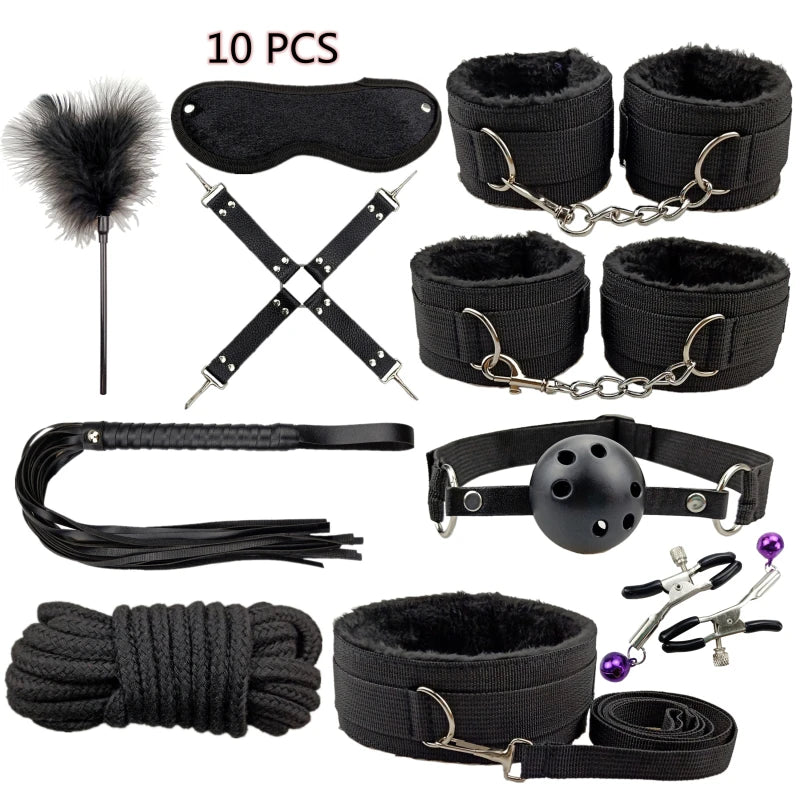 Set de bondage, juguetes sexuales, esposas, vibrador, tapón anal, látigo, juguetes eróticos, juegos para adultos, tienda sexual, arnés, juguetes sexys para parejas.