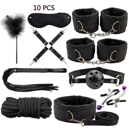Set de bondage, juguetes sexuales, esposas, vibrador, tapón anal, látigo, juguetes eróticos, juegos para adultos, tienda sexual, arnés, juguetes sexys para parejas.