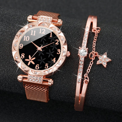 Conjunto de 2 piezas de reloj con esfera de flores y pulsera de estrellas: brillo atemporal, encanto cotidiano. 