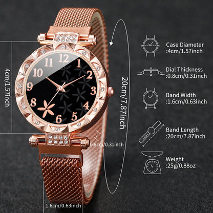 Conjunto de 2 piezas de reloj con esfera de flores y pulsera de estrellas: brillo atemporal, encanto cotidiano. 