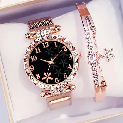 Conjunto de 2 piezas de reloj con esfera de flores y pulsera de estrellas: brillo atemporal, encanto cotidiano. 